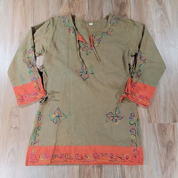 🔹️Orange & Olive Multicolor Embroider Print & Tie Sleeve Kurta/Swim Coverup - Picture 1 of 10